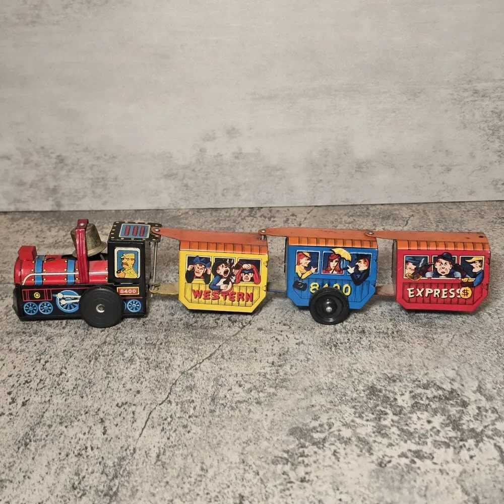 Western 8400 Express Tin ENGINE & Tin Train Cars Windup Toy Japan VINTAGE